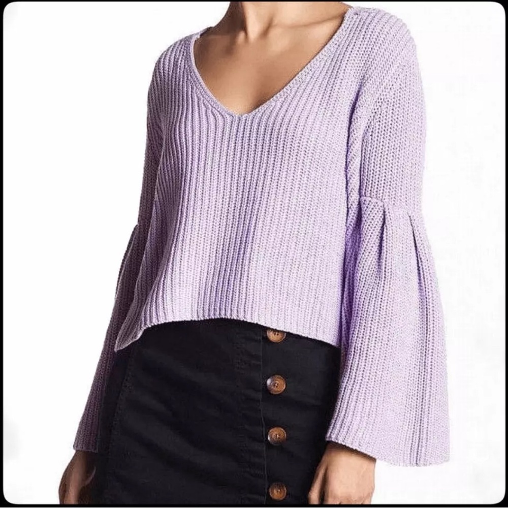 Free People Damsel Lavender Belle Sleeved Vneck Knit Pullover Sweater - small